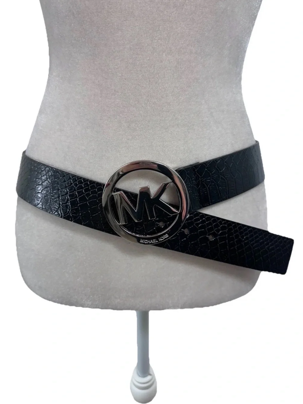 Michael Kors Black Croc-Embossed Belt with Silver MK Circle Buckle